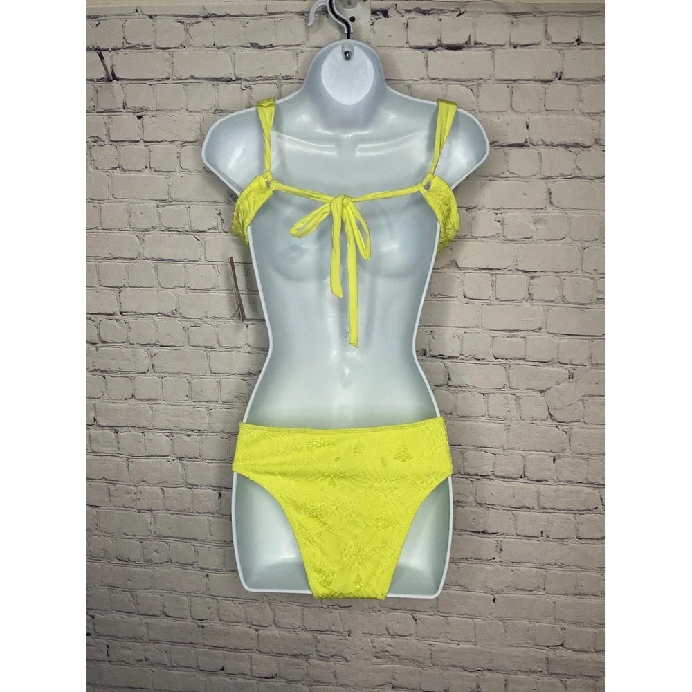 Hurley Crochet Soft Strap Bikini Set Yellow Cheeky Coverage Swimsuit size S - Picture 3 of 4